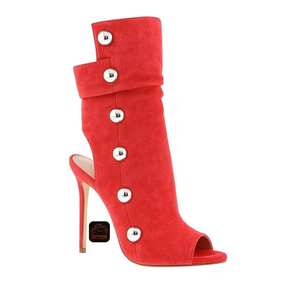 Liliana Fierce Red Peep-Toe Stiletto Booties Silver Button Detail Statement Heel - Picture 4 of 10